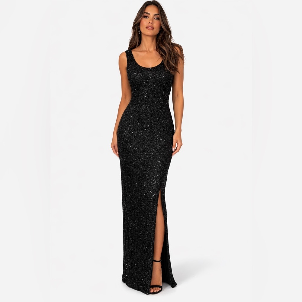 Black Beaded Column Gown Maxi Dress Sleeveless Slit Formal Evening Gala M